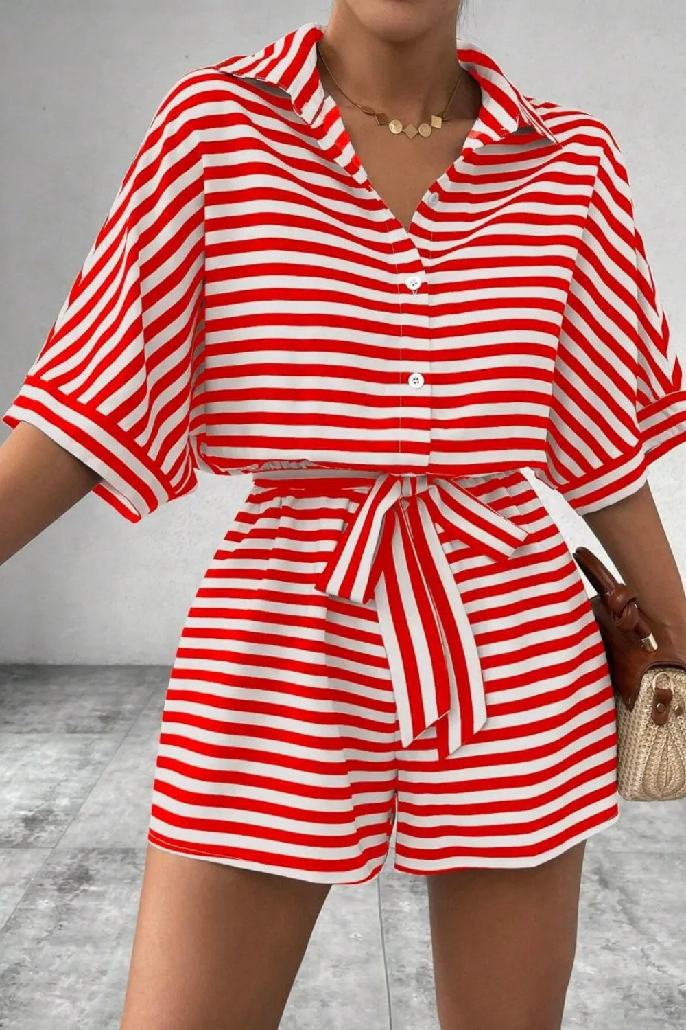 Striped Romper - Collared Tied Waist