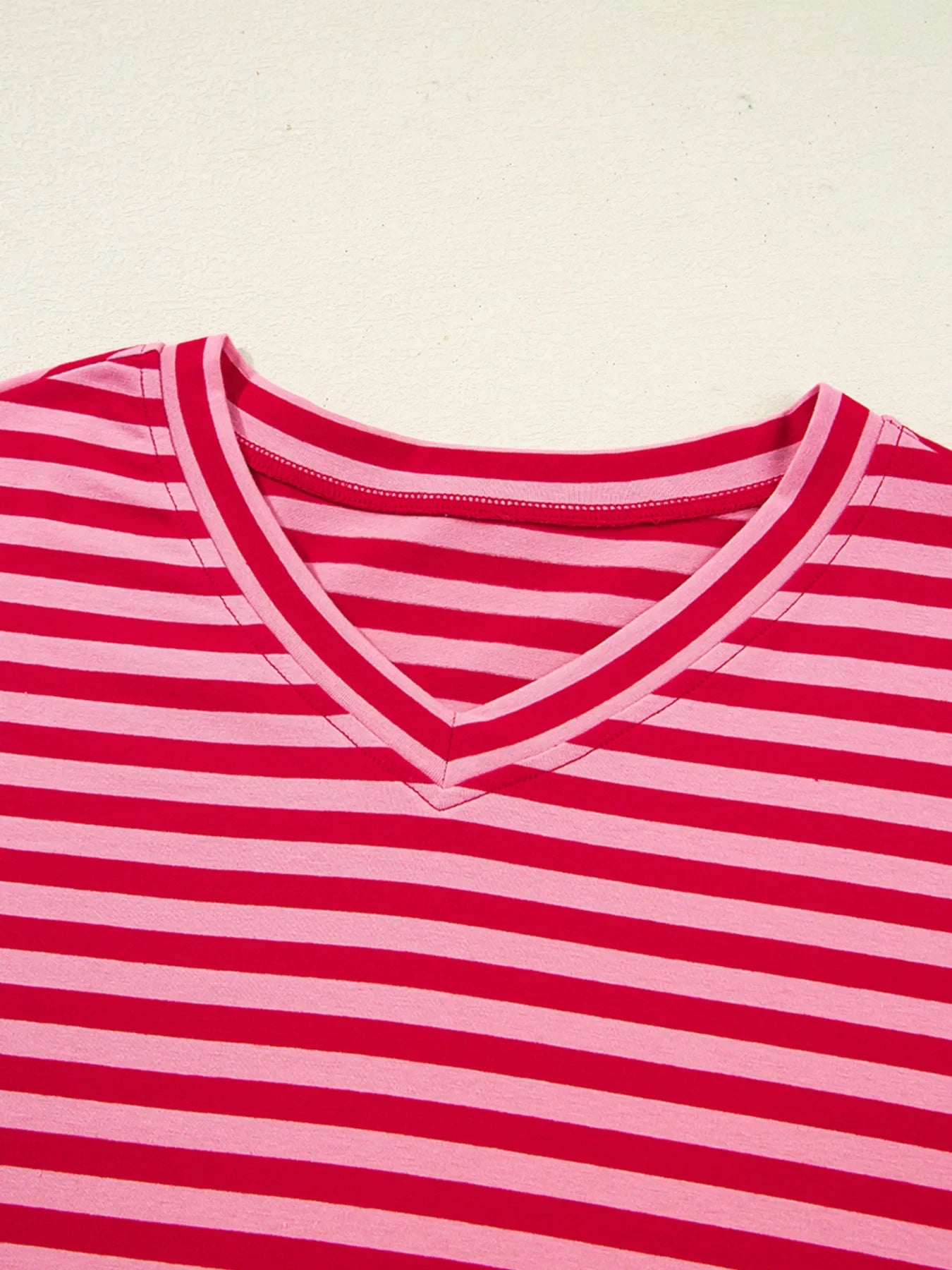 Red and Pink Striped V Neck Sweater