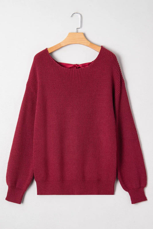 Ribbed Knit Ribbon Knot Backless Drop Shoulder Sweater