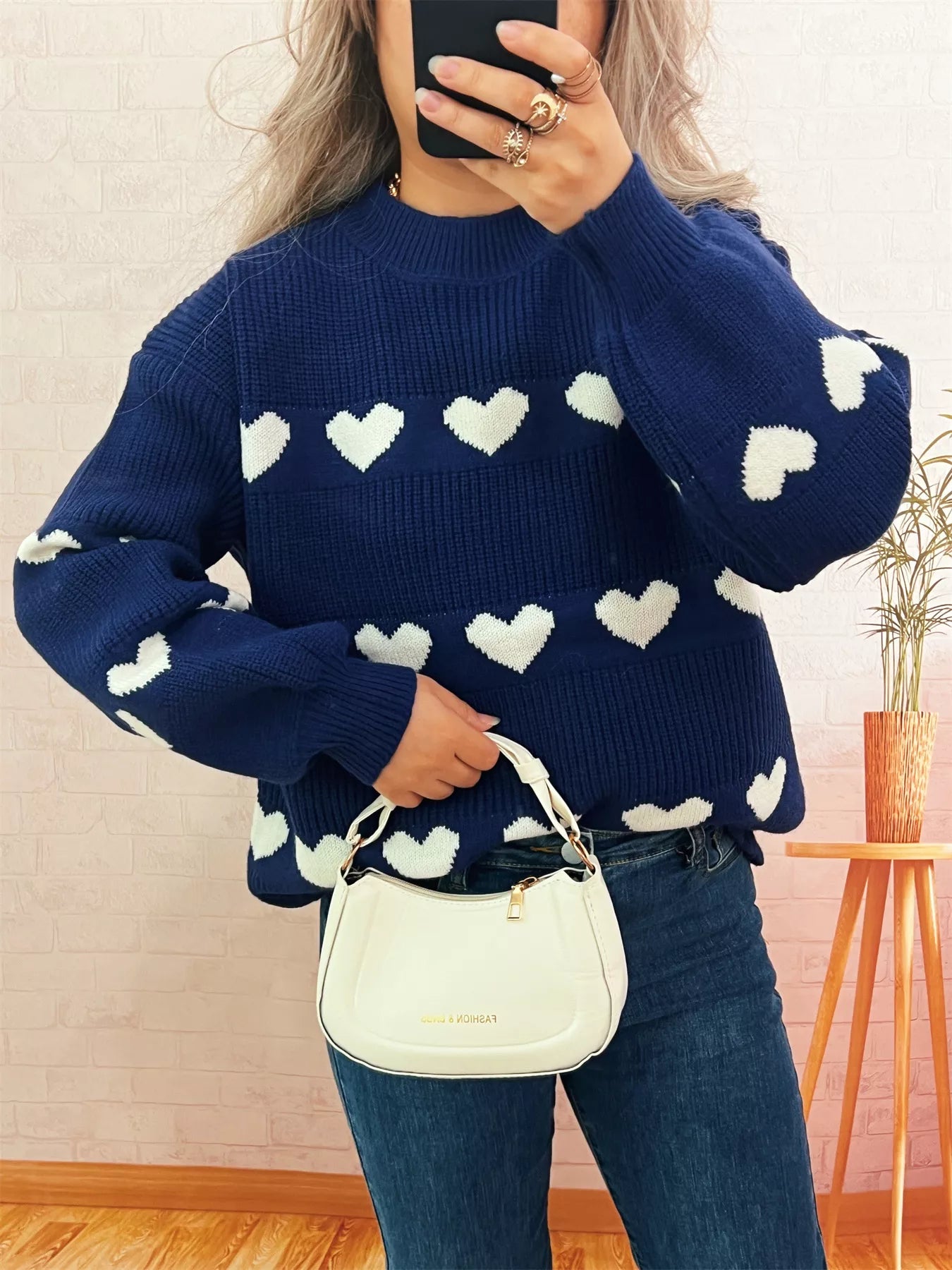 Heart Pattern Dropped Shoulder Sweater