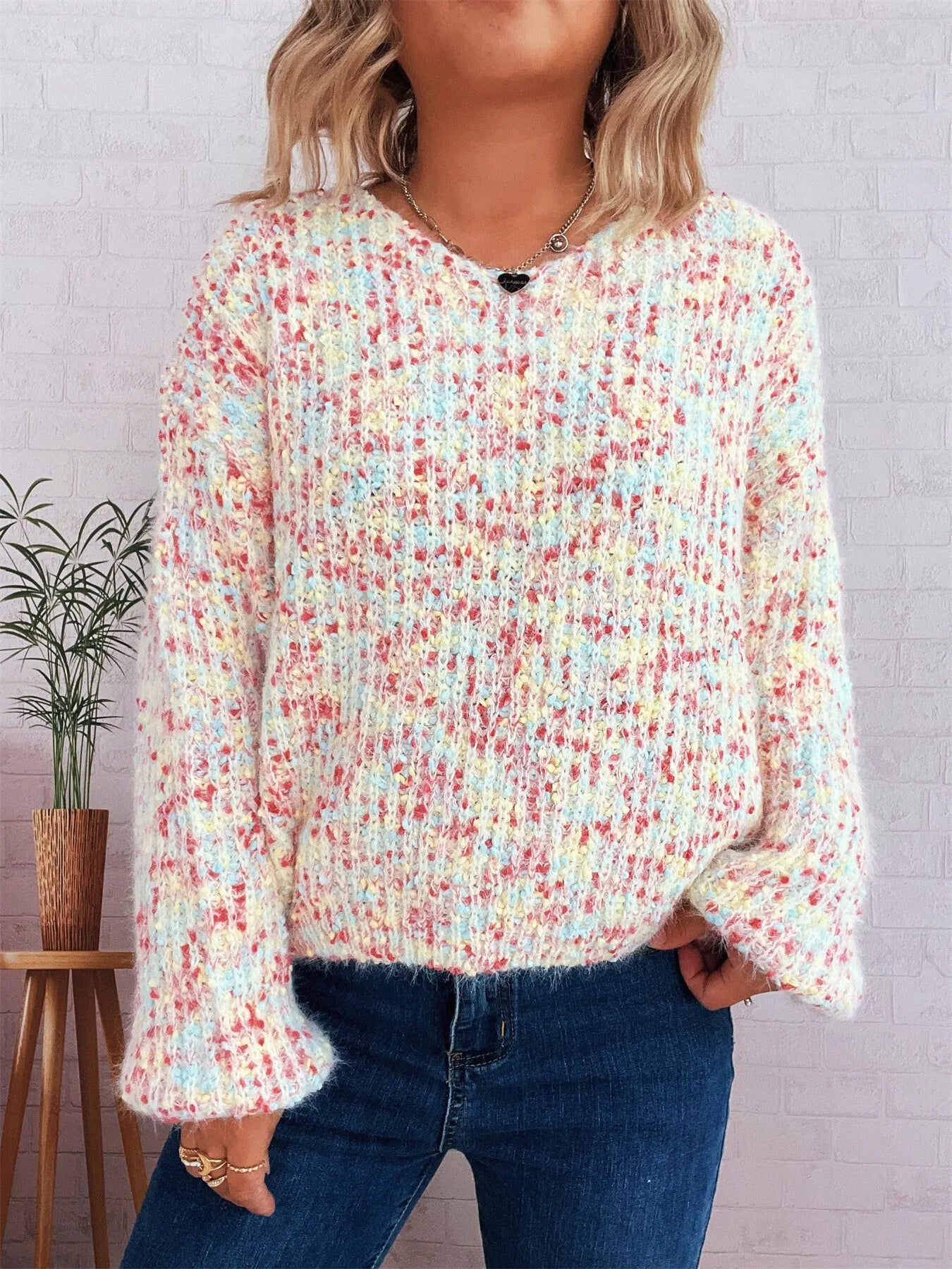 Women’s Colorful Long Sleeve Sweater – Vibrant Knit Pullover for Fall & Winter