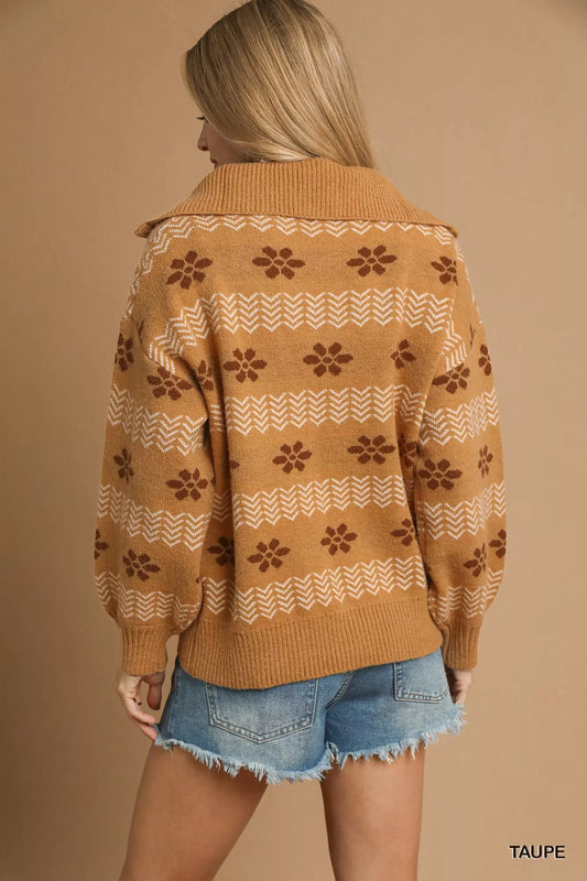 Umgee Floral Patterned Jacquard Quarter-Zip Pullover Sweater