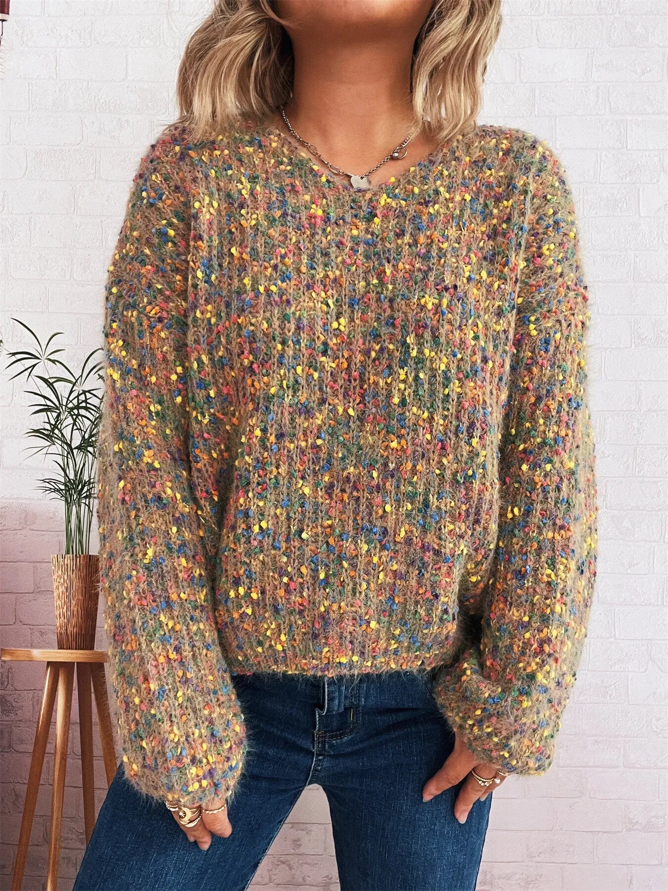 Women’s Colorful Long Sleeve Sweater – Vibrant Knit Pullover for Fall & Winter