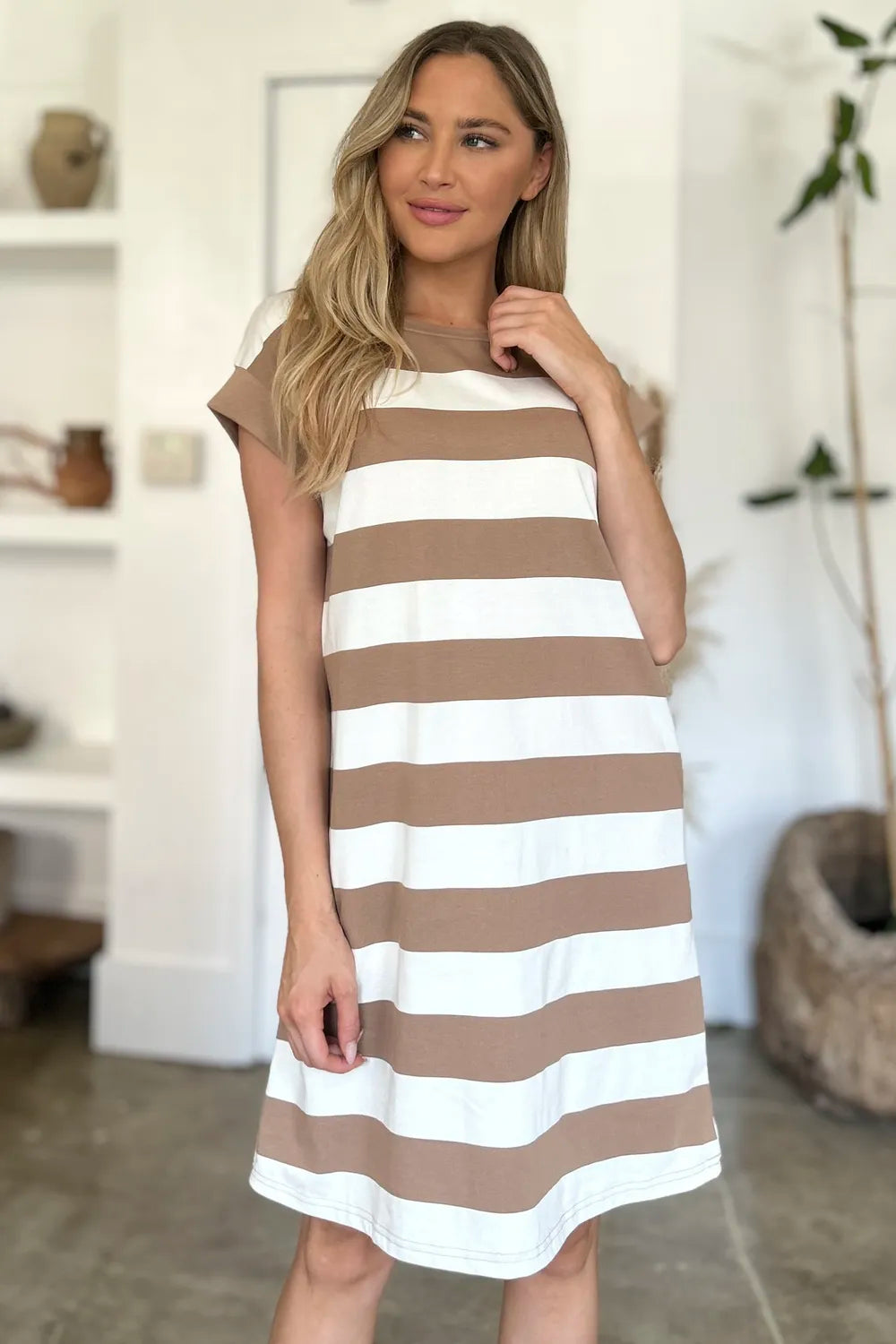 Striped Sleeve Mini Dress = Round Neck