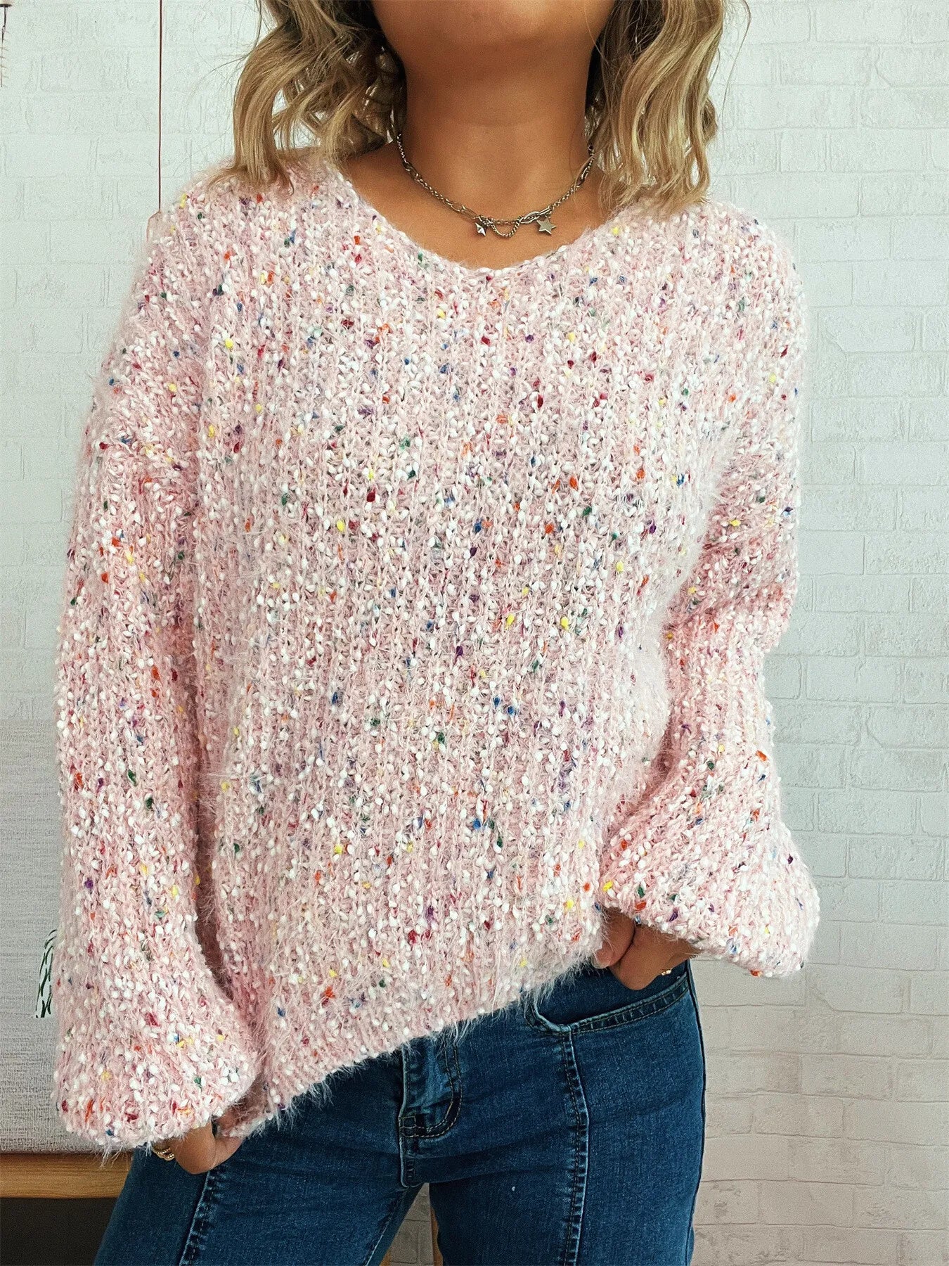 Women’s Colorful Long Sleeve Sweater – Vibrant Knit Pullover for Fall & Winter