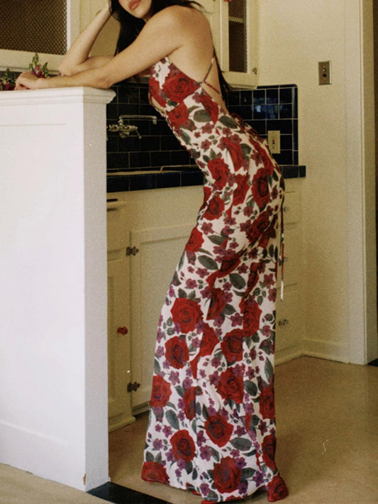 Sexy printed backless fitted maxi dress