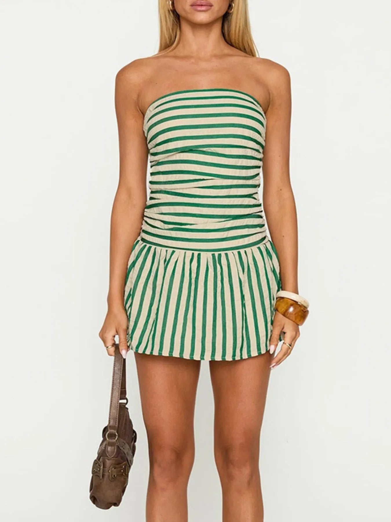 Green Striped Tube Mini Dress – Trendy Strapless Dress for Women