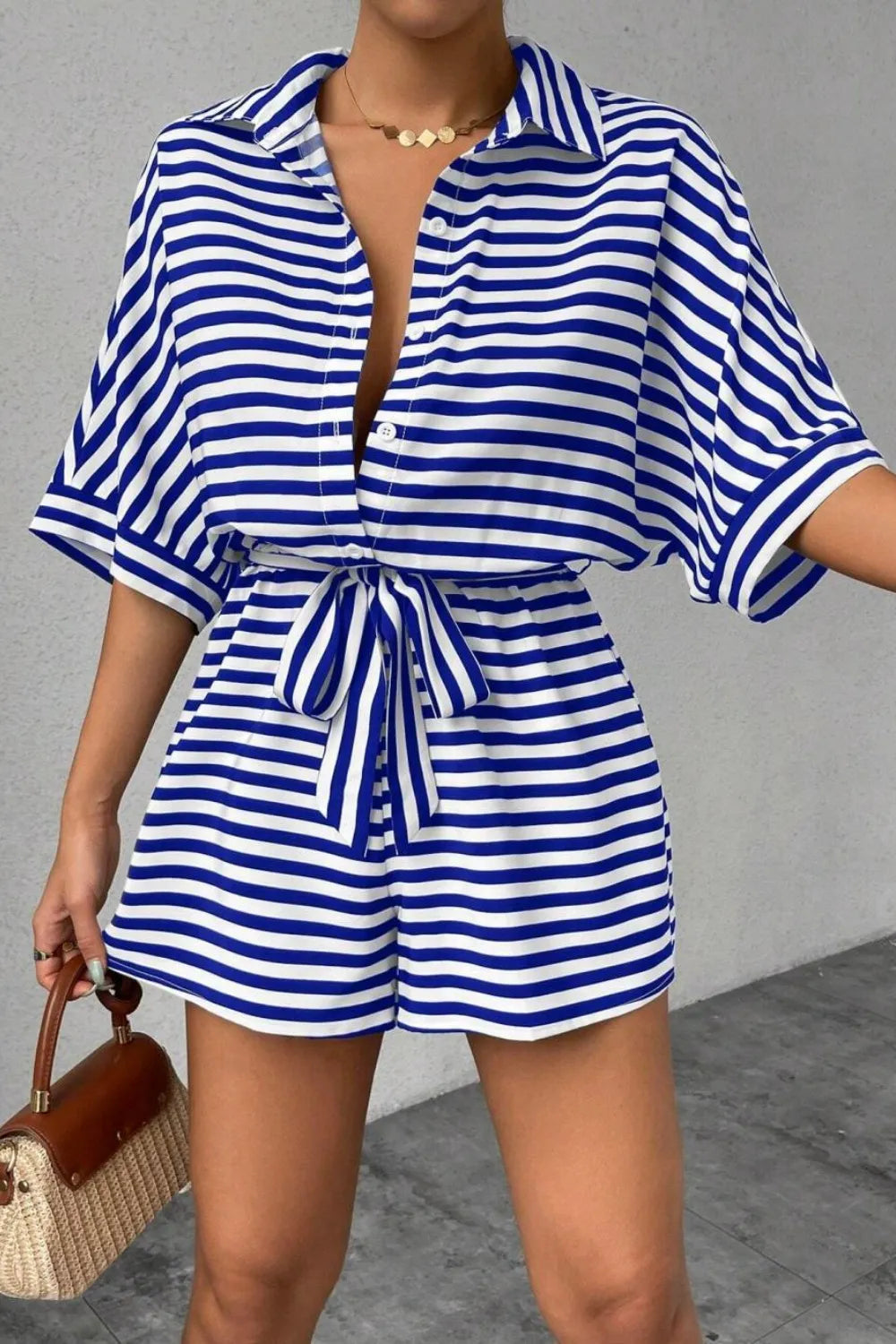 Striped Romper - Collared Tied Waist