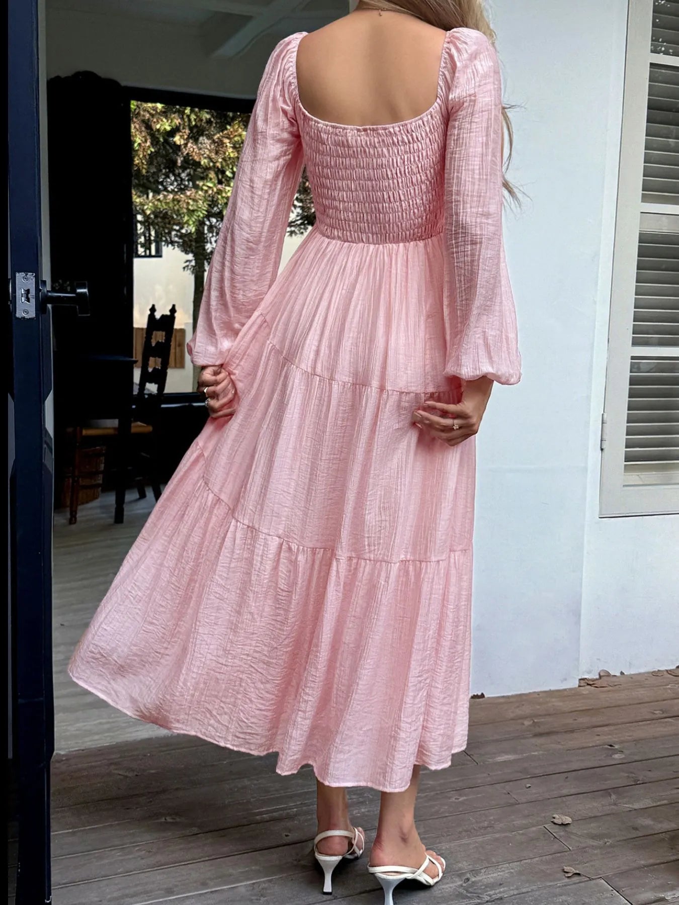 Tiered Balloon Sleeve Midi Dress – Elegant Long Sleeve Boho Dress for Women