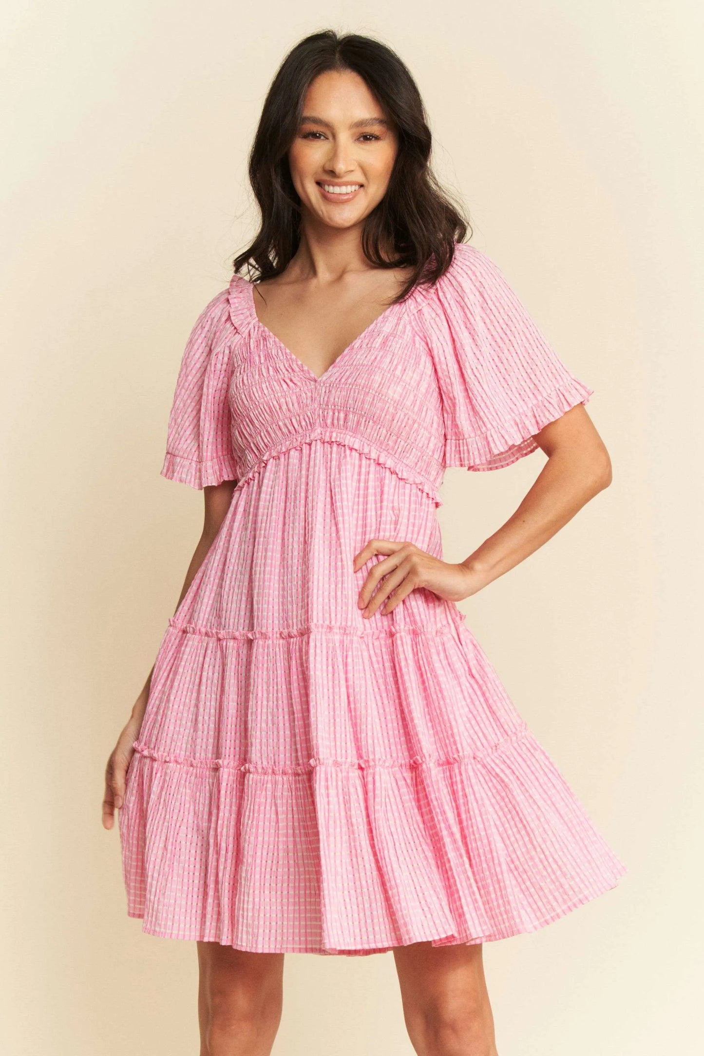 Pink Smocked Checker Tiered Dress