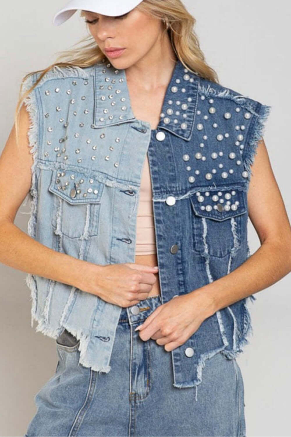 Pearl Raw Hem Sleeveless Denim Jacket