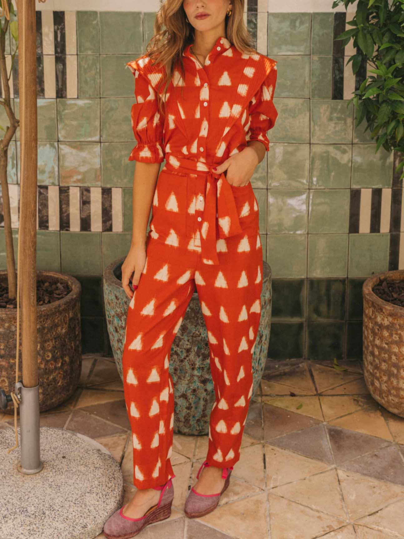 Casual Fashion Geometric Print Lace-Up Jumpsuit Red