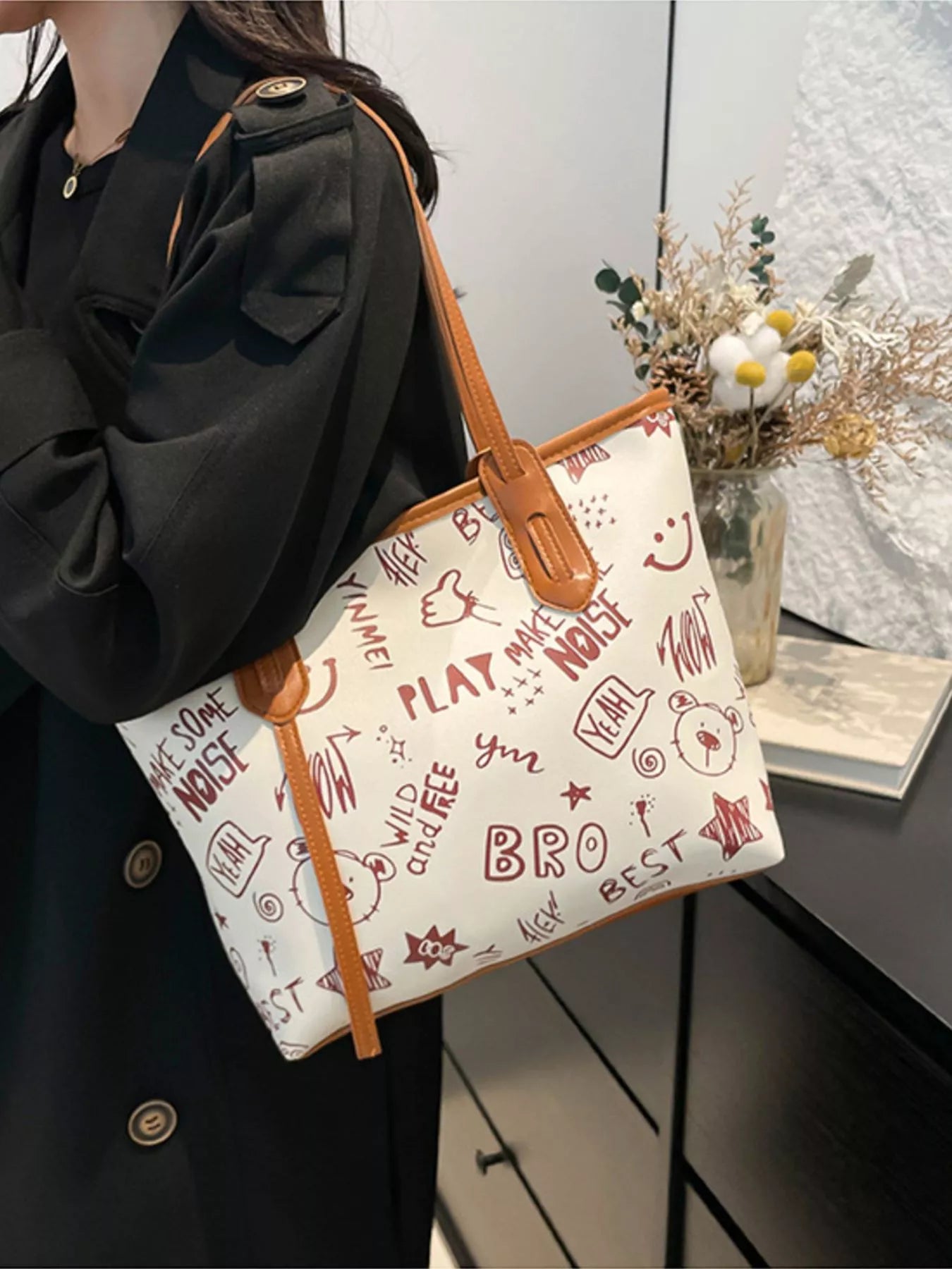 Trendy Graffiti Print Casual Tote Bag – Large Canvas Shoulder Bag for Women