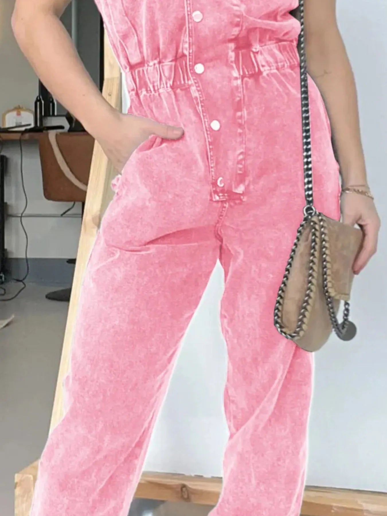 Full Size Button Front Cap Sleeve Denim Jumpsuit Plus Size