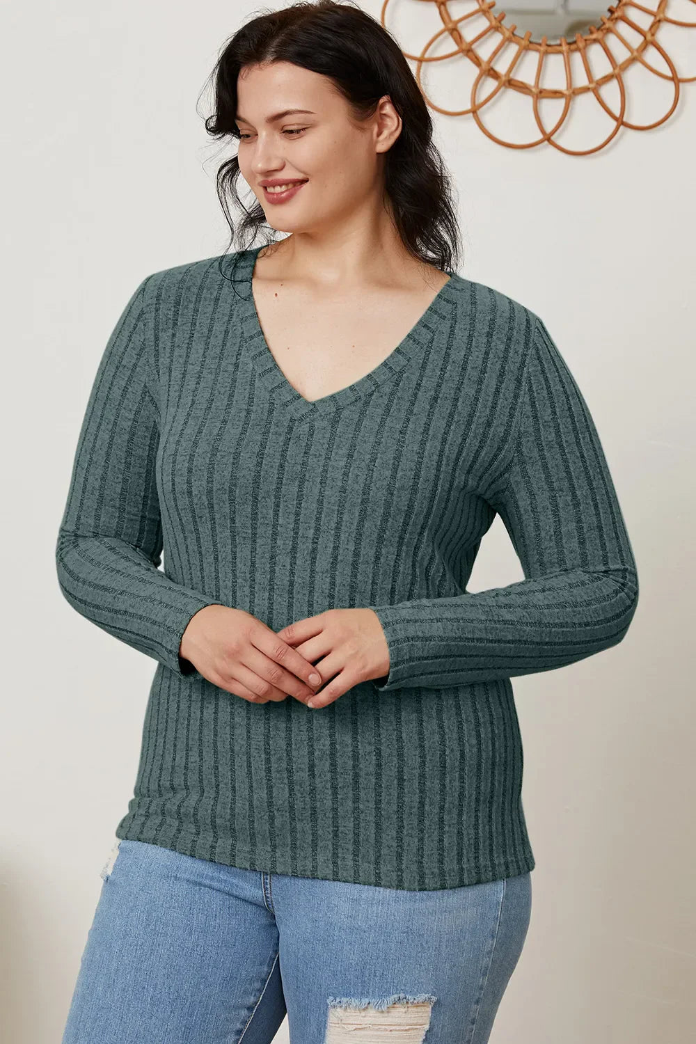 Comfy Ribbed V-Neck Long Sleeve Tee