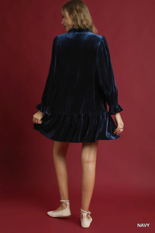 Navy Velvet Ruffle Trim Mini Dress – Elegant Party Dress for Women