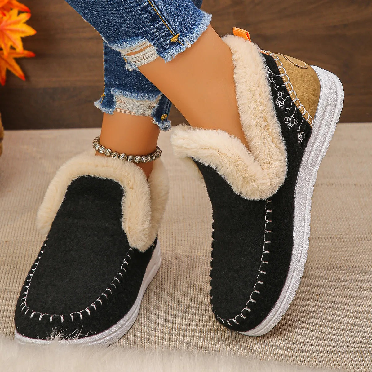 Round Toe Fleece-Lined Ankle Boots – Cozy Winter Boots for Women