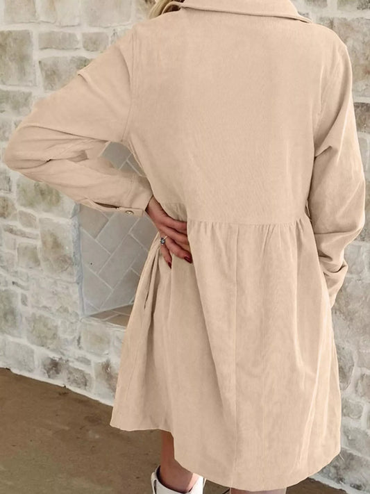 Corduroy Half Button Collared Long Sleeve Mini Dress