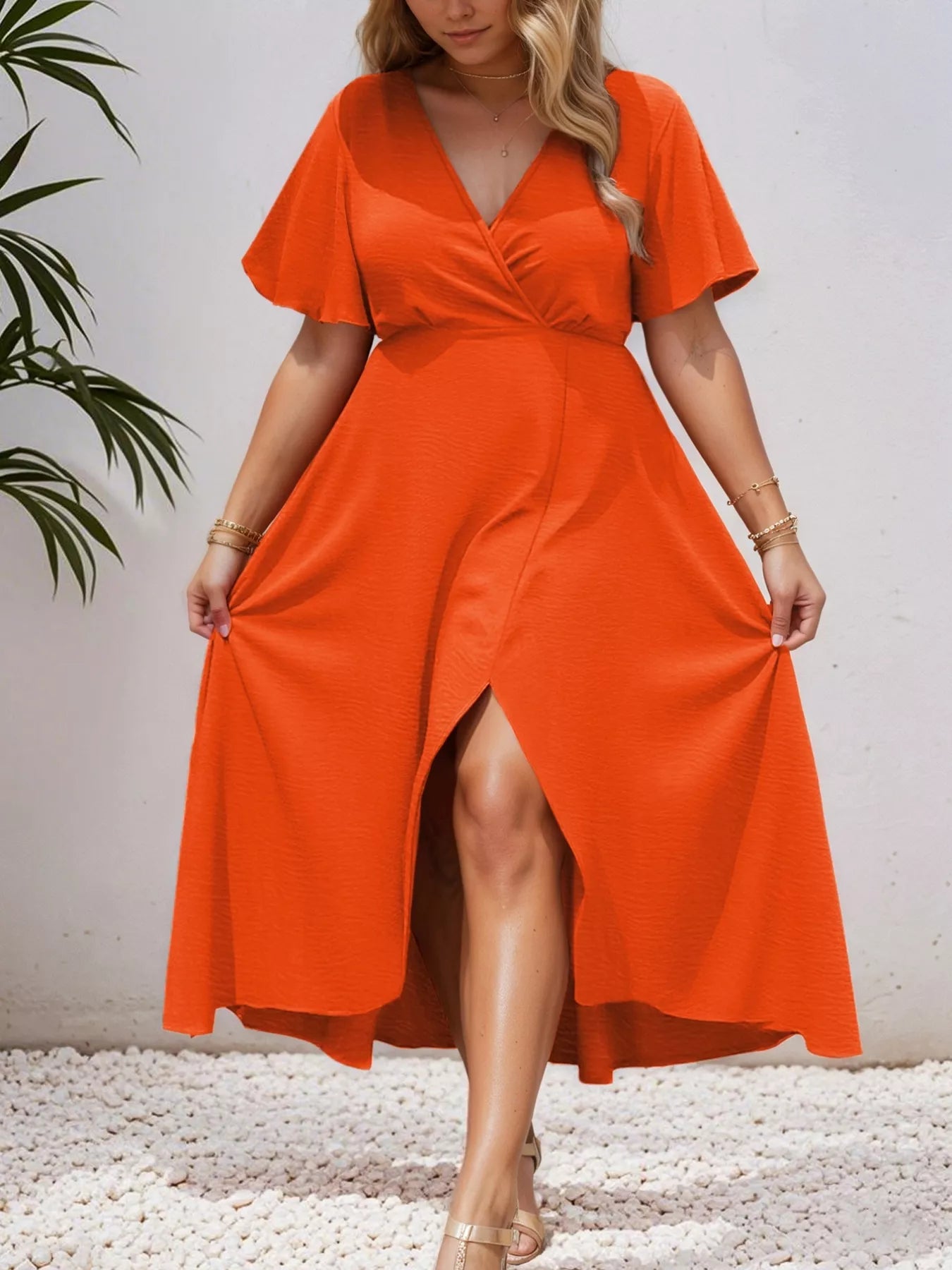 Orange Plus Size Surplice Flutter Sleeve Dress: