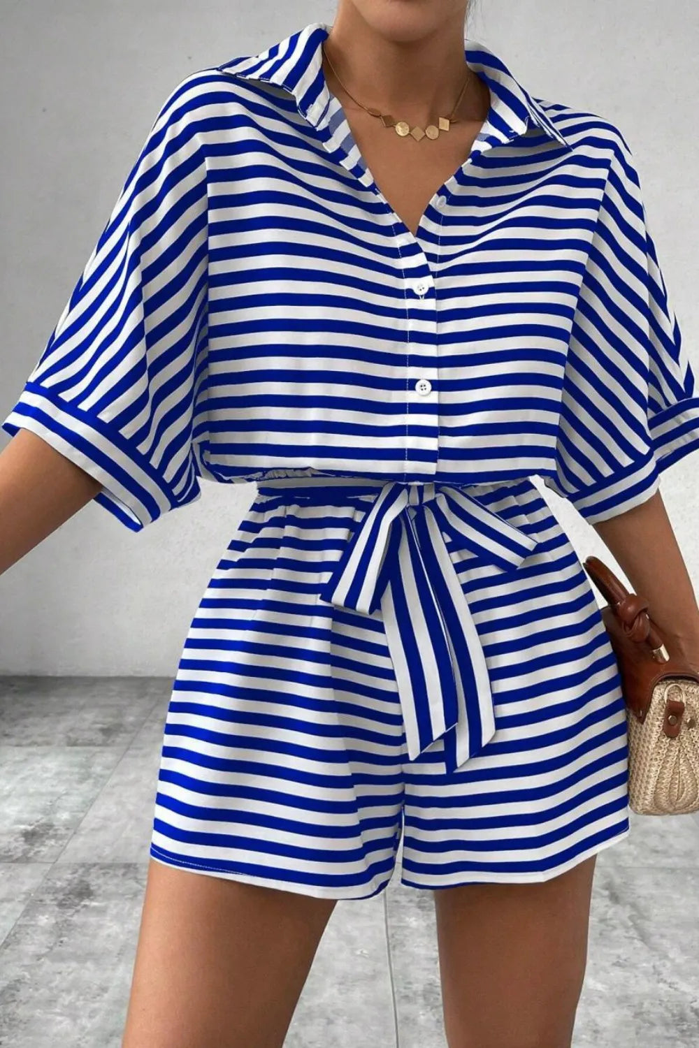 Striped Romper - Collared Tied Waist
