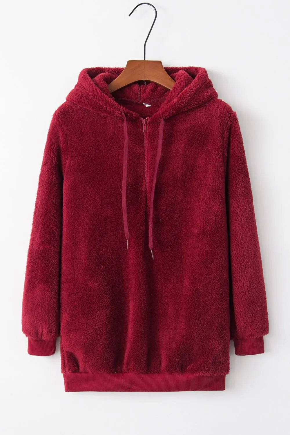 Cozy Quarter-Zip Teddy Hoodie – Full Size, Plush & Playful with Drawstring Style