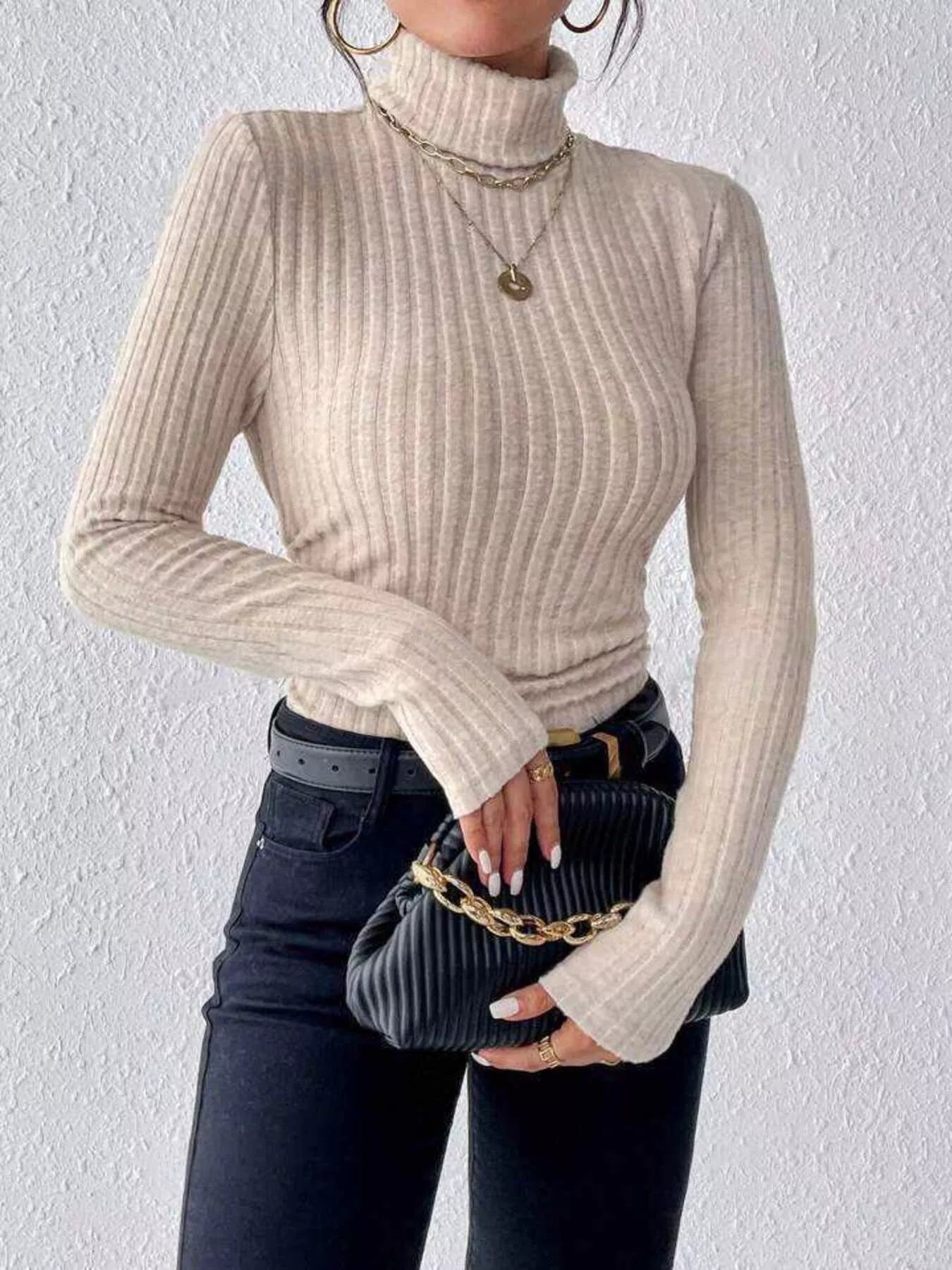 Ribbed Turtleneck Long Sleeve T-Shirt