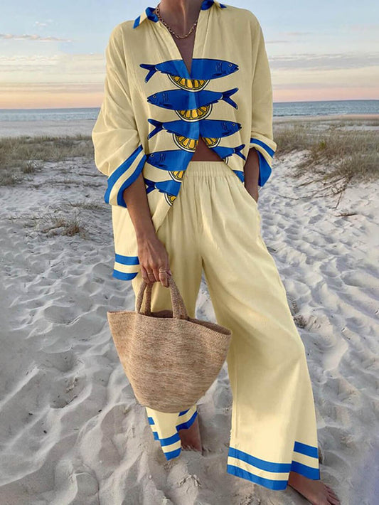 Ocean Print Oversized Shirt and Elastic Waist Pocket Pants Set Beige