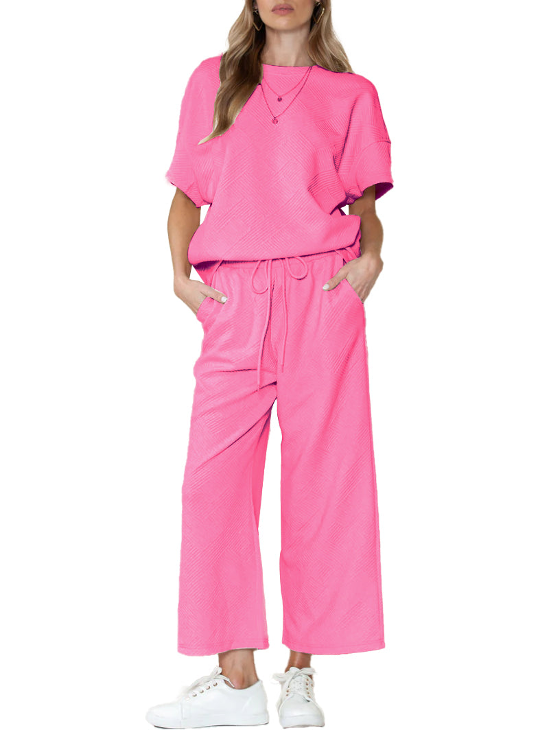 ⏰Hot Sale-Women's Textured Loose Fit T Shirt and Drawstring Pants Casual Set (Buy 2 Free Shipping)