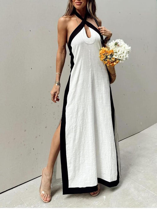 Halter Neck Slit Color Block Maxi Dress White