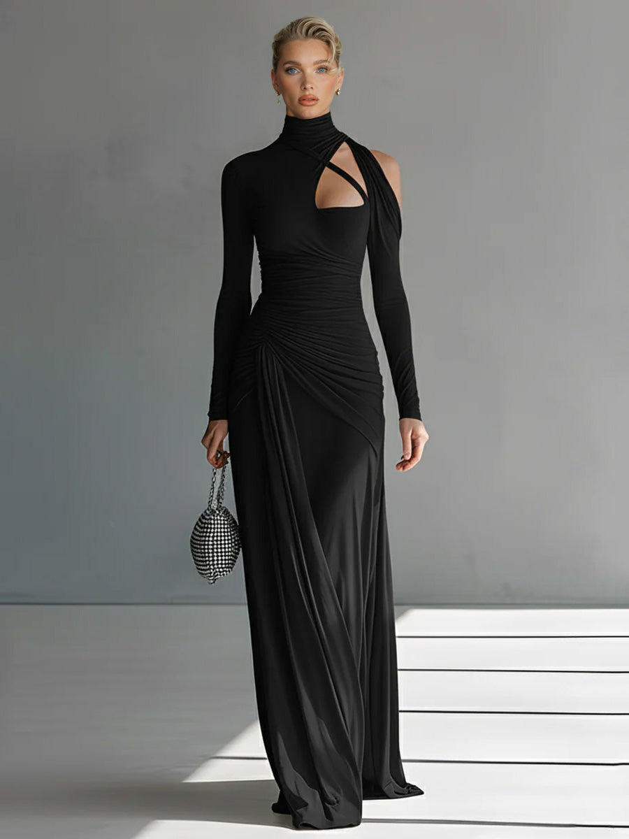 Casual Silky Stretch Pleated Cutout Maxi Dress Black