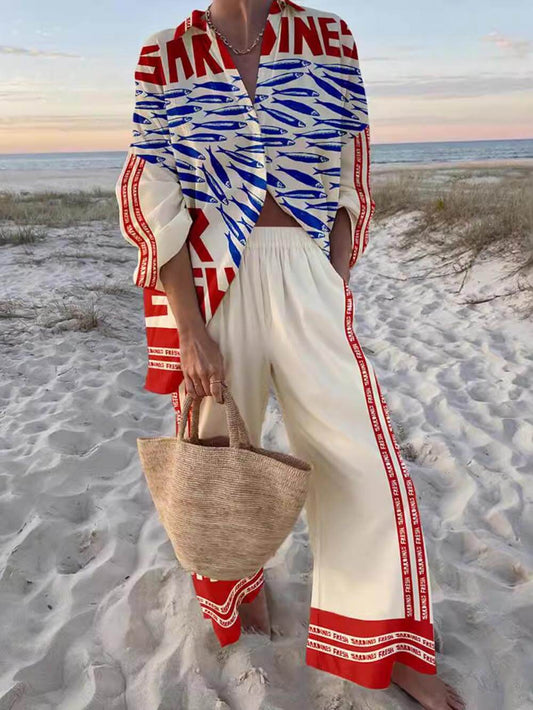 Unique Casual Print Loose Oversized Shirt Wide-Leg Pants Set Red