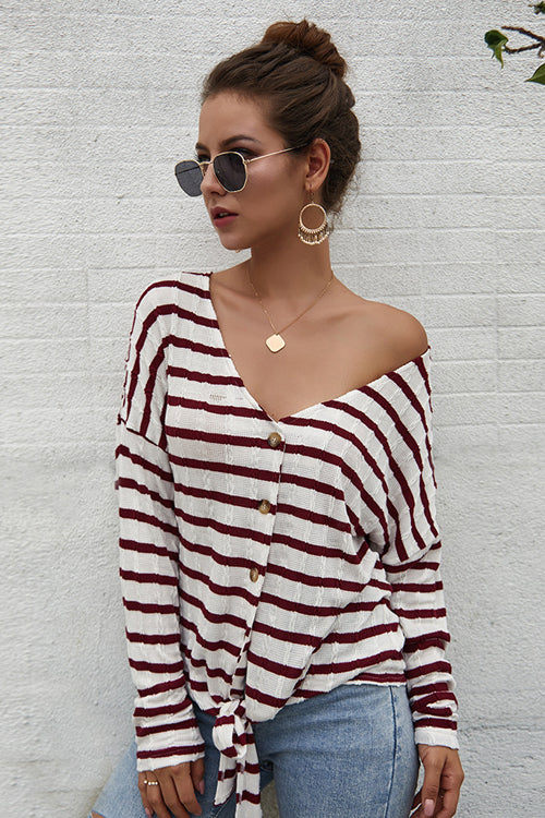 Dreaming of Vacay Striped Button-Up Top - 4 Colors Wine