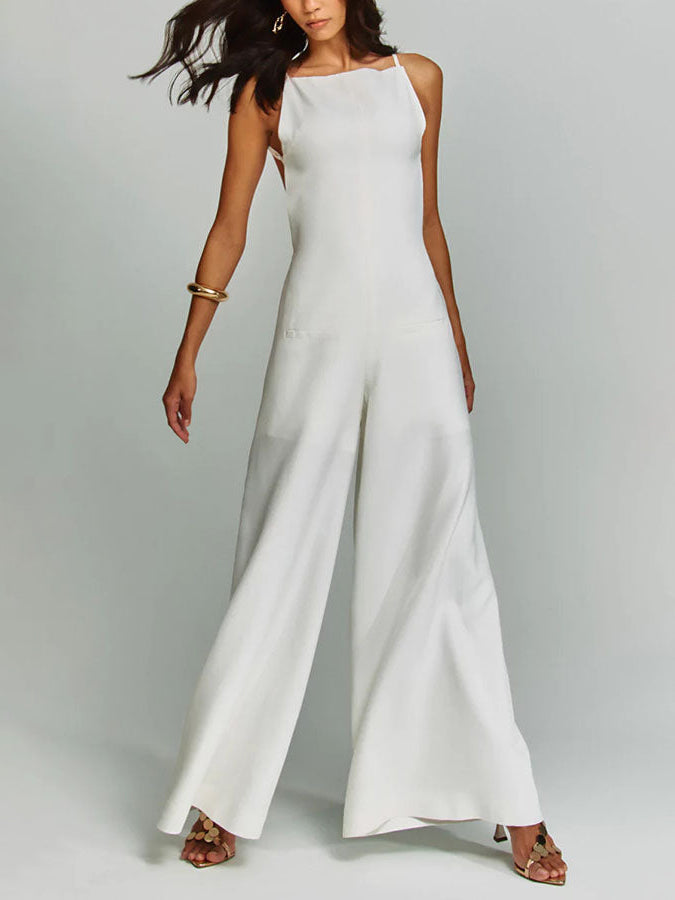 Casual Classic Suspender Wide Leg Jumpsuit White