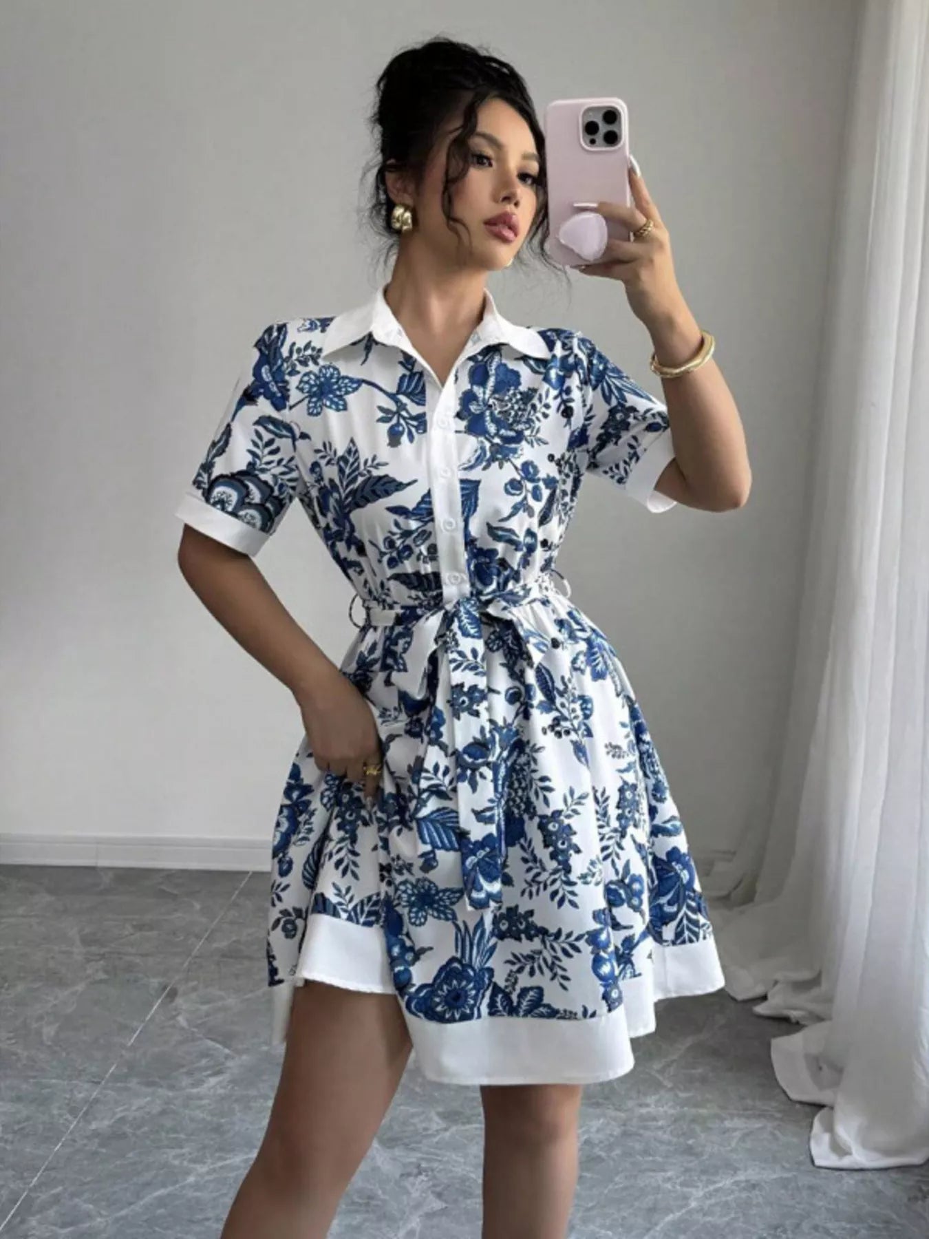 Floral Print Button-Front Shirt Dress – Casual Collared Mini Dress for Women