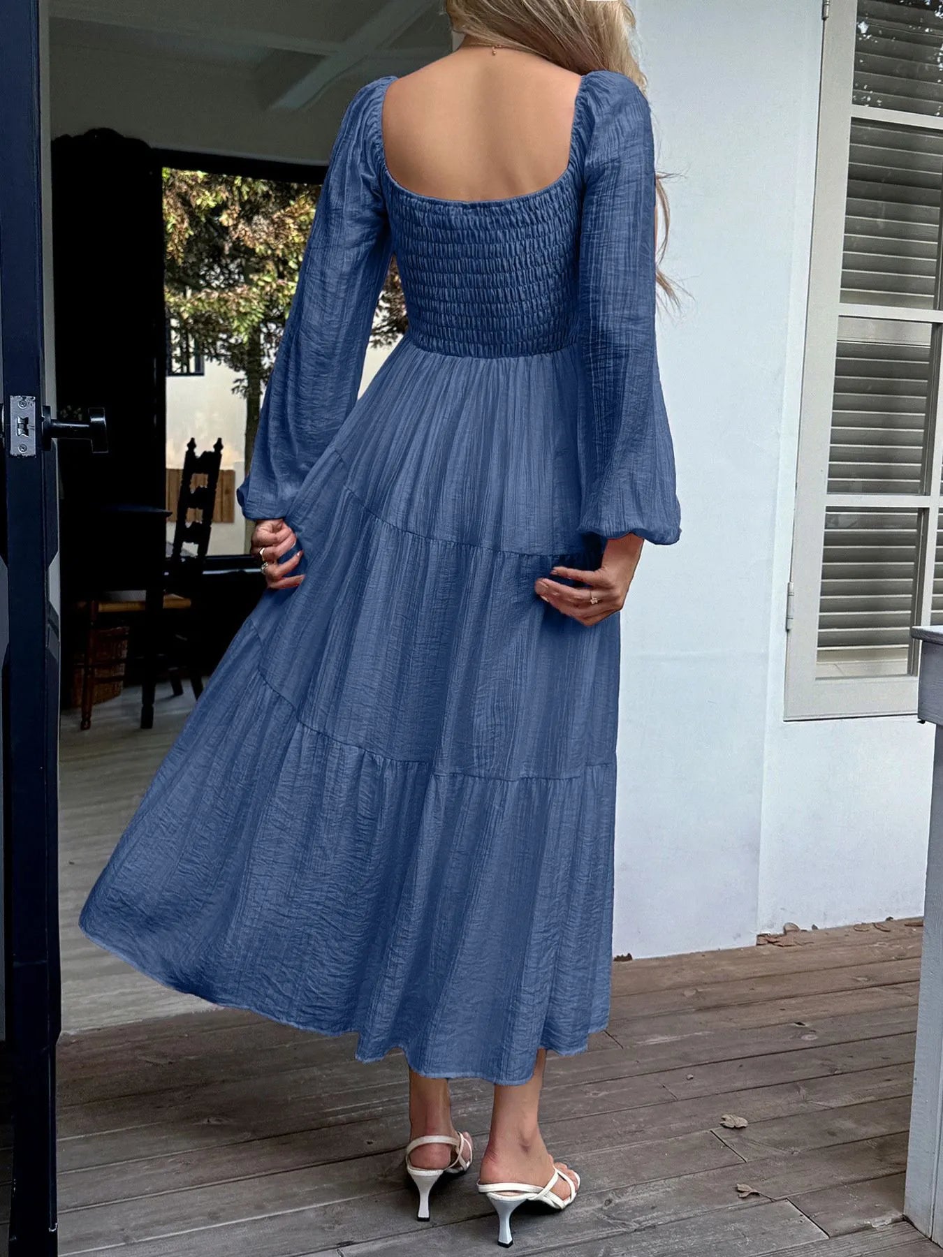 Tiered Balloon Sleeve Midi Dress – Elegant Long Sleeve Boho Dress for Women