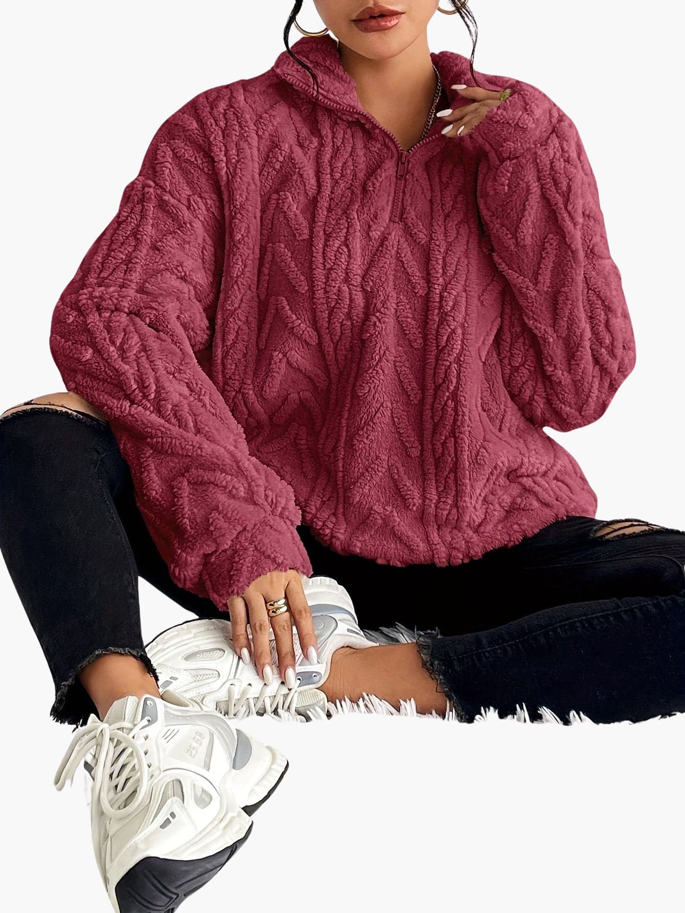 Zara | Luxe Cable-Knit Fleece Sweatshirt