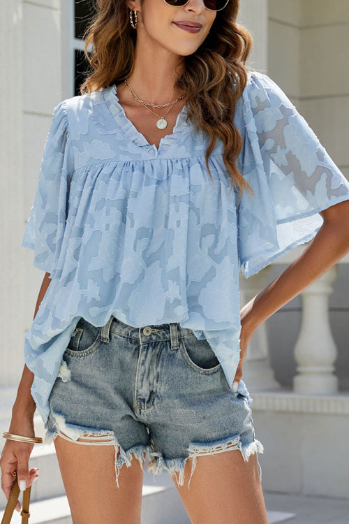 A Chance For Love Floral Jacquard Short Sleeve Top - 7 Colors Blue