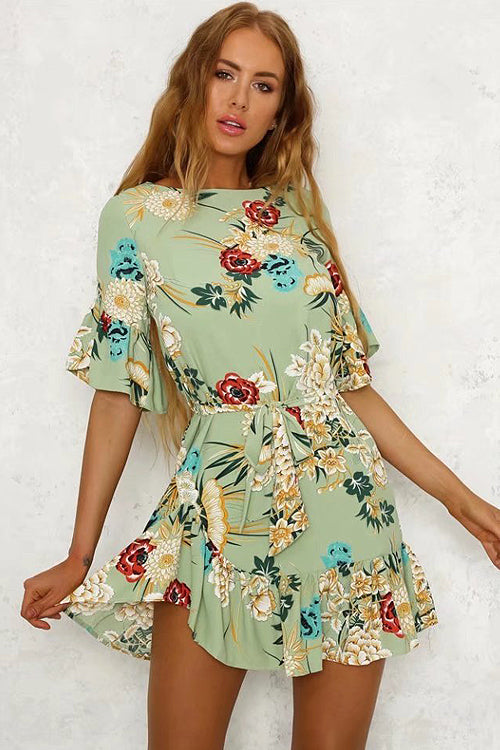Print Ruffle Hem Mini Dress - 3 Colors Green
