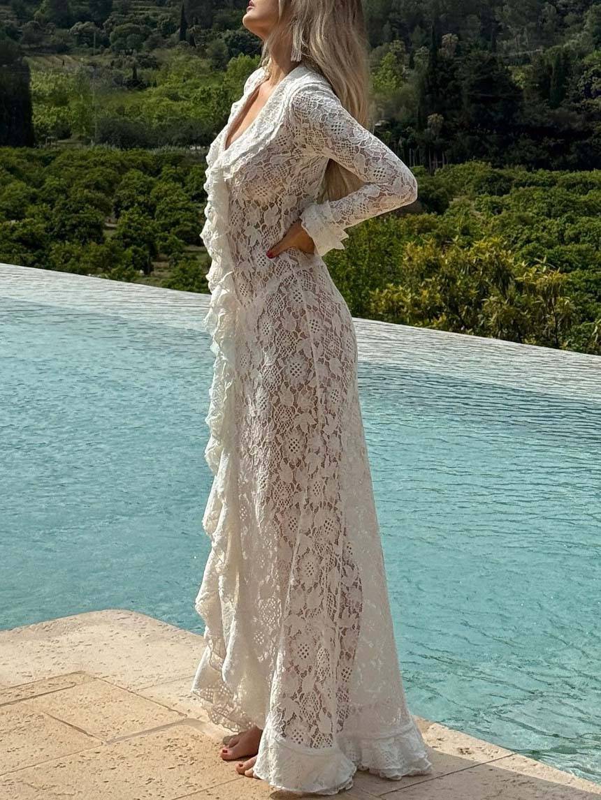 Ruffled Lace Front Slit Maxi Dress White