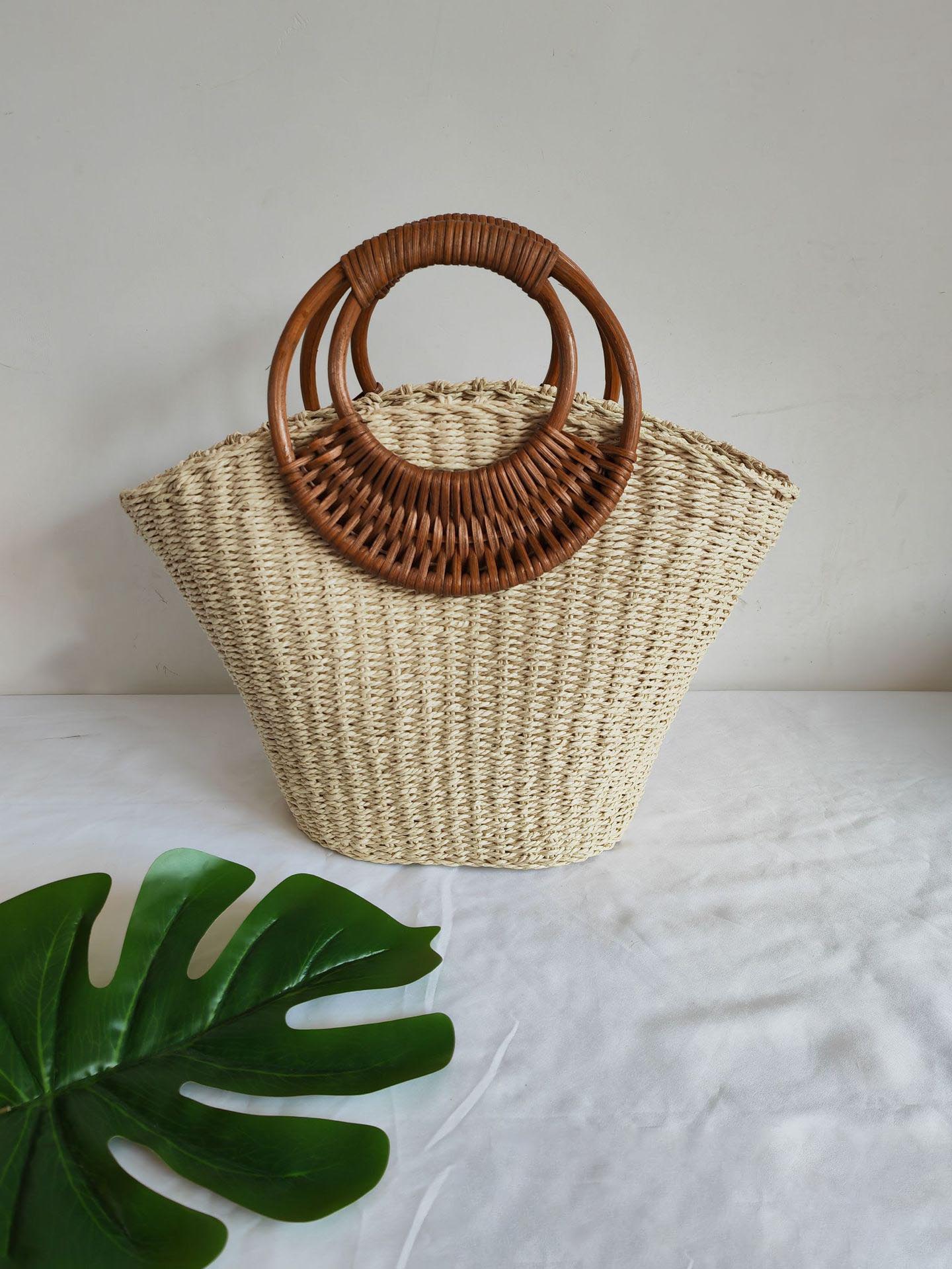 Exquisite Round Rattan Handle Straw Bag White