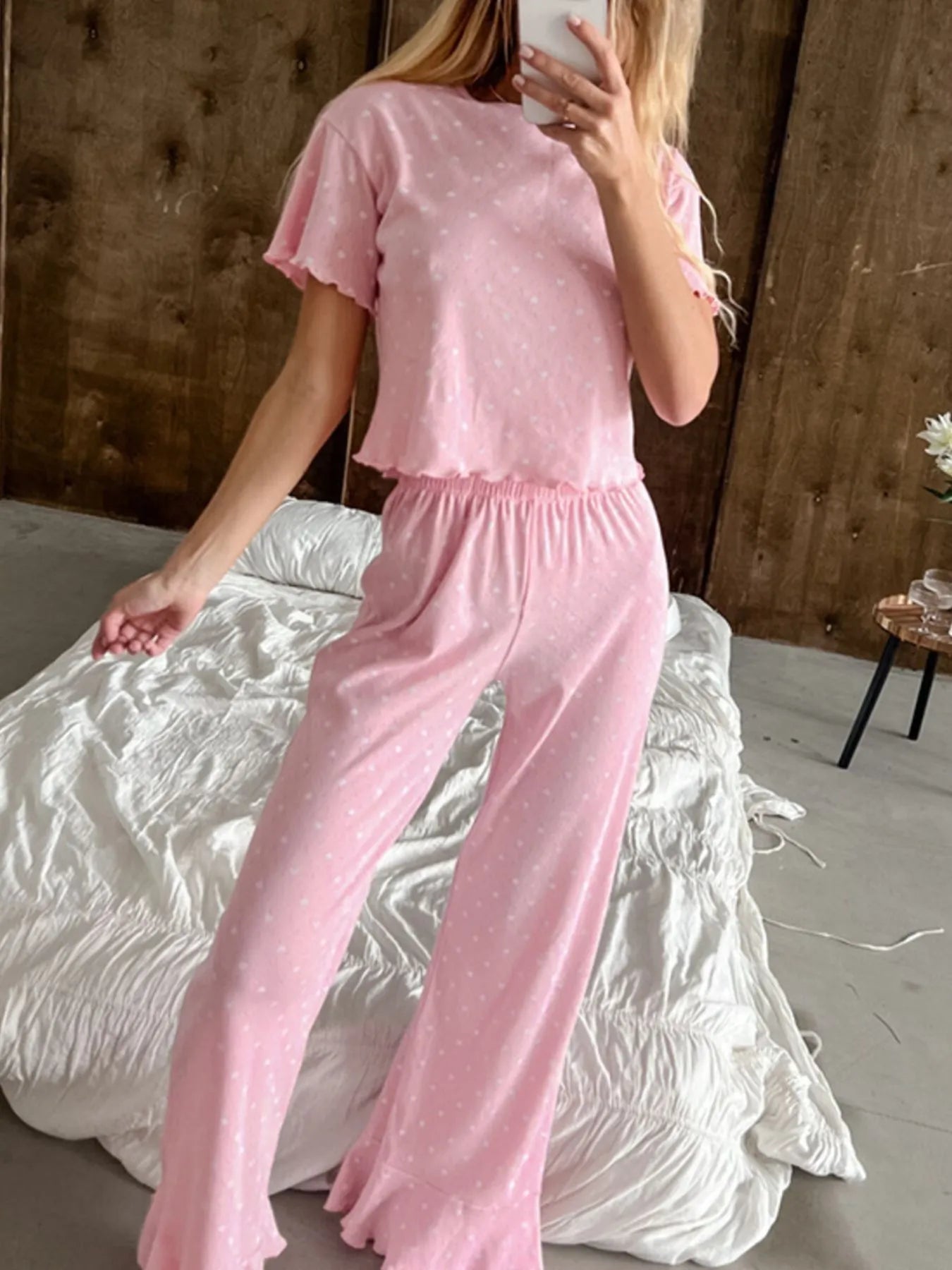 Sweet Pink Polka Dot Lounge Set – Soft Round Neck Top & Pants