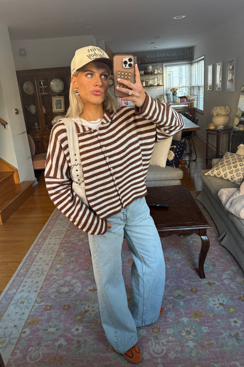 Attractively Cozy Soft Striped Knit Cardigan - Coffee