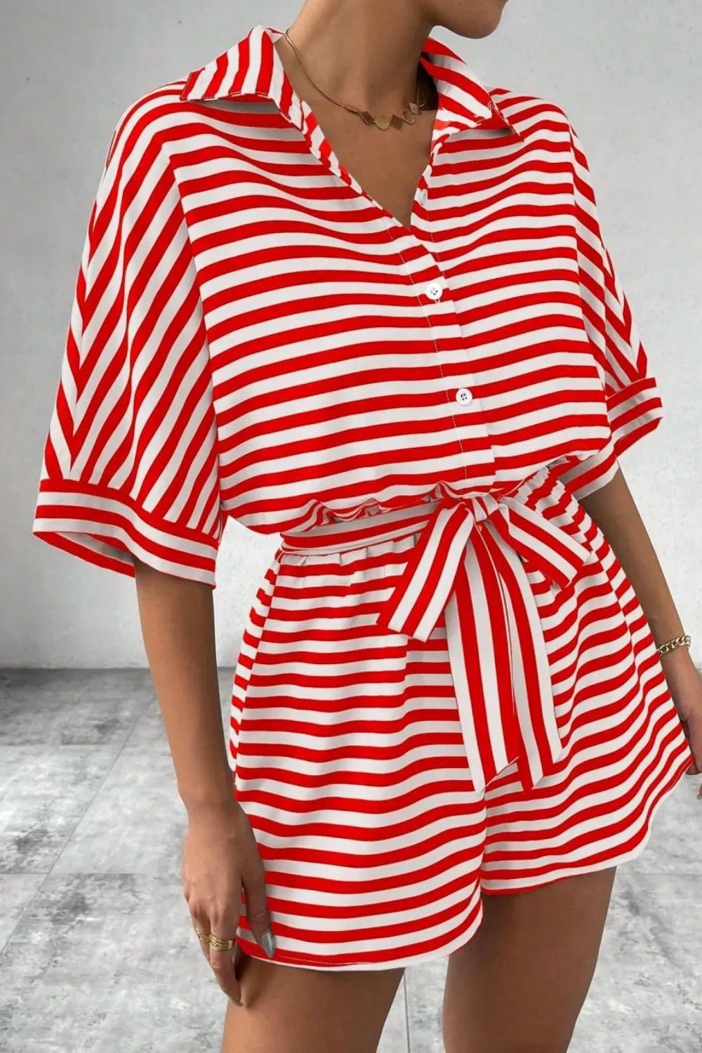 Striped Romper - Collared Tied Waist