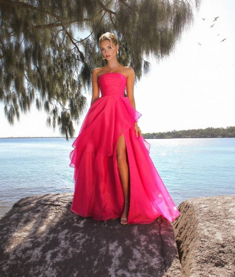 Tube Top Front Slit Multi-layer Maxi Dress Rose Red