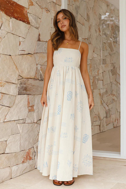 Living Is Easy Sleeveless Printed Maxi Dress - 4 Colors White&Blue Print