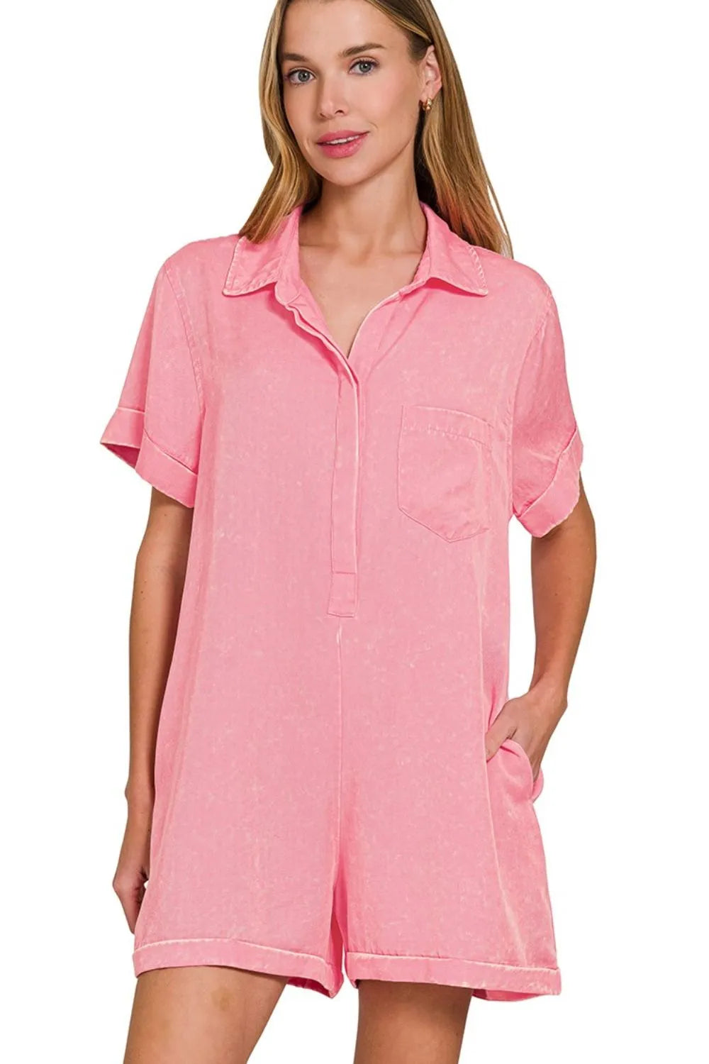 Signature Pink Mineral Wash Shirt Romper