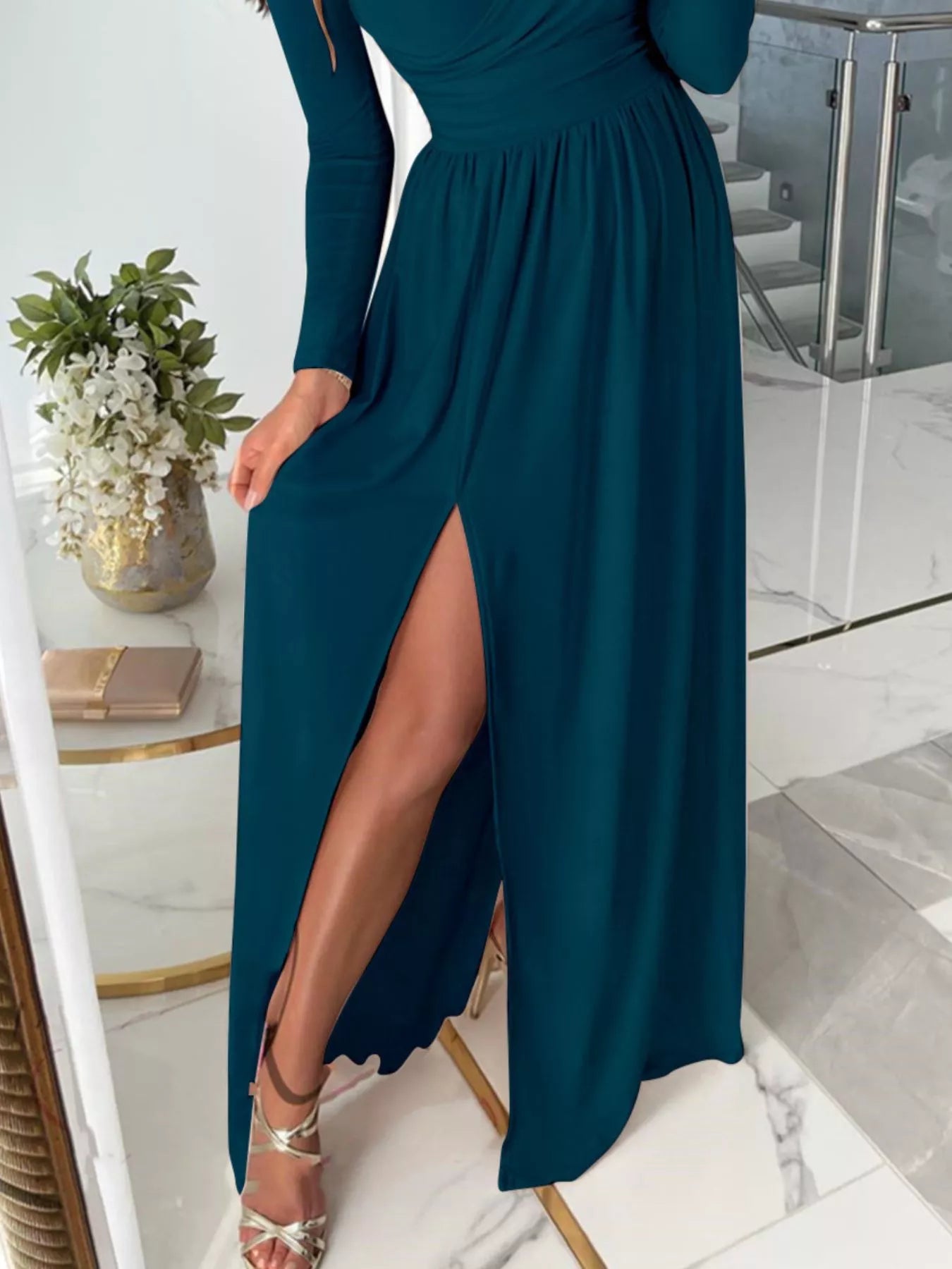Slit Surplice Cold Shoulder Maxi Dress – Elegant Evening Wrap Dress for Women