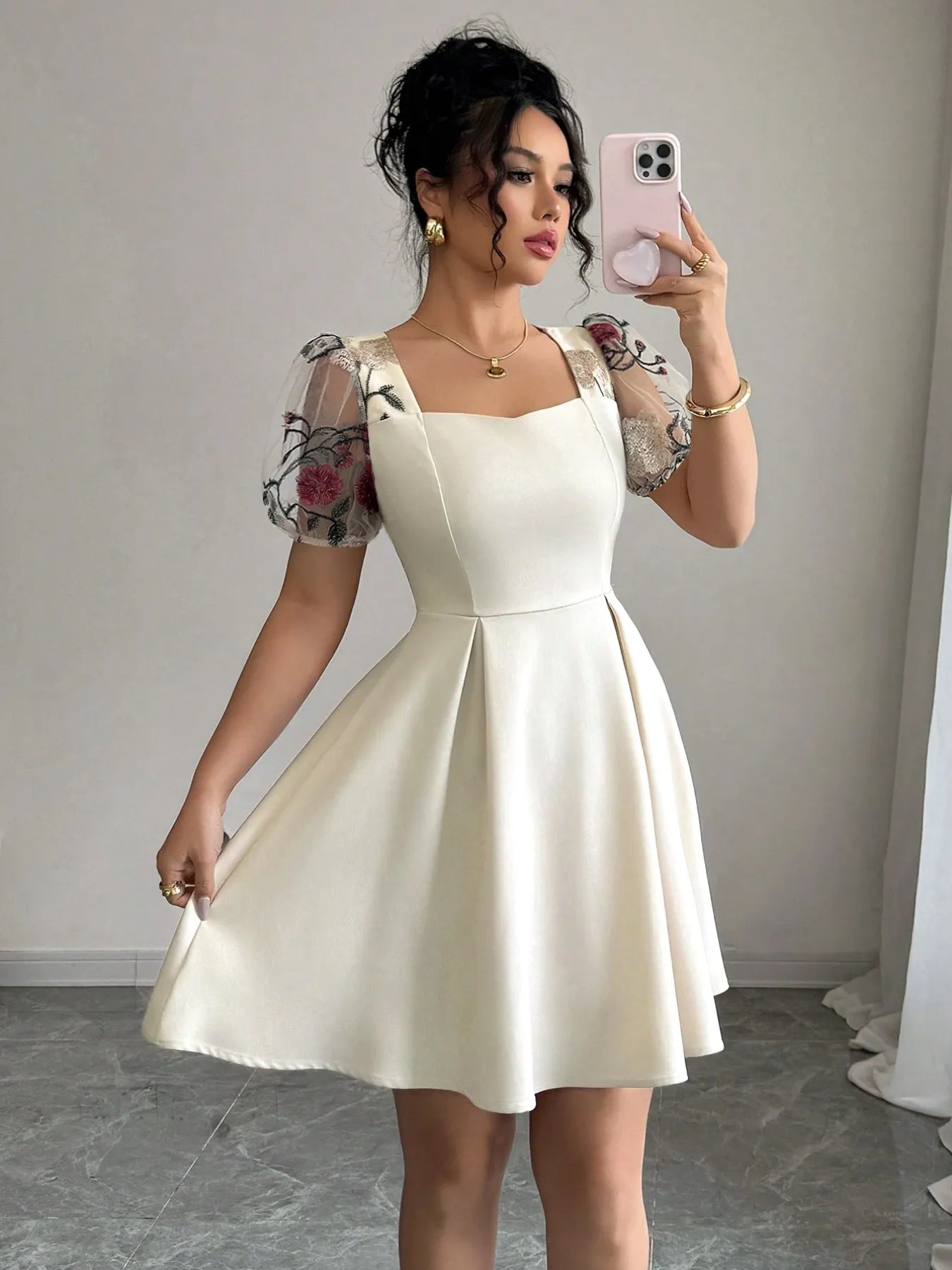 Ivory Square Neck Floral Sheer Sleeve Dress – Elegant Romantic Mini Dress for Women