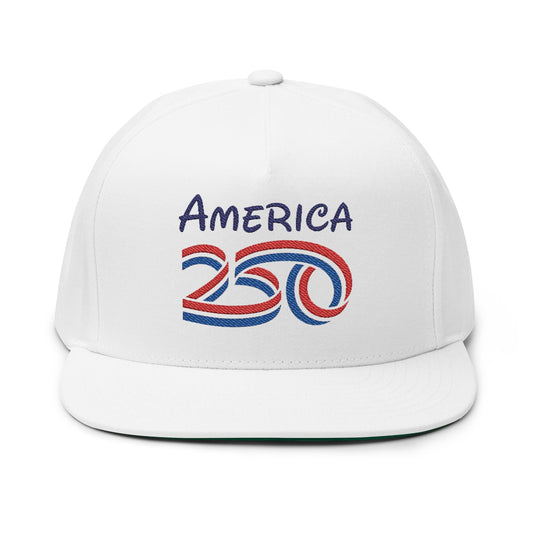 America 250 Embroidered Flat Bill Cap – Patriotic USA Anniversary Snapback