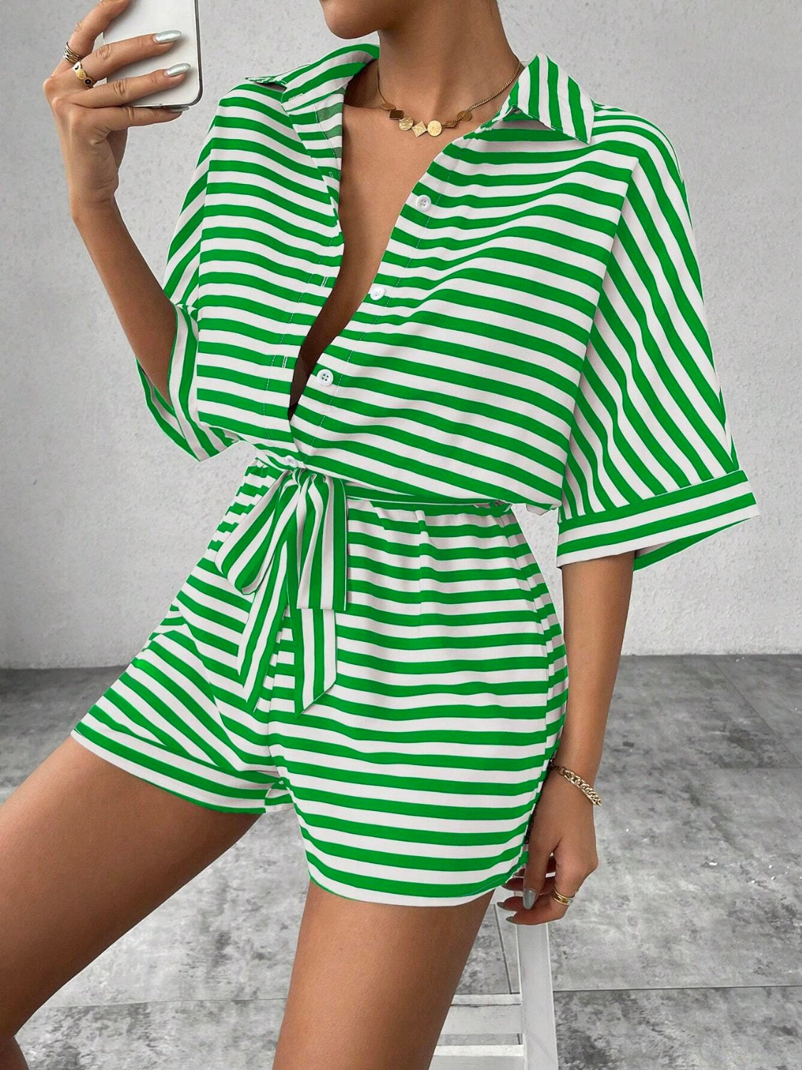 Striped Romper - Tie Waist